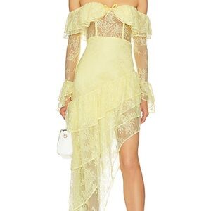 Majorelle Maddalena Revolve Yellow Lace Asymmetric Gown